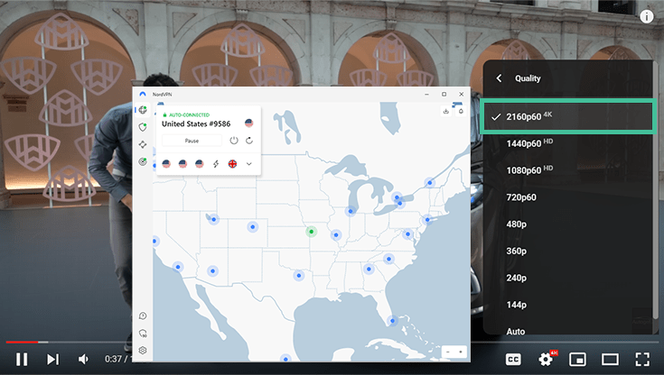 Screenshot of NordVPN over YouTube, video streaming in 4K