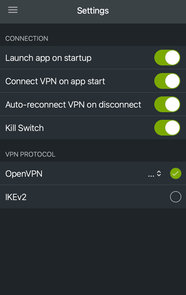 ZoogVPN settings in the app