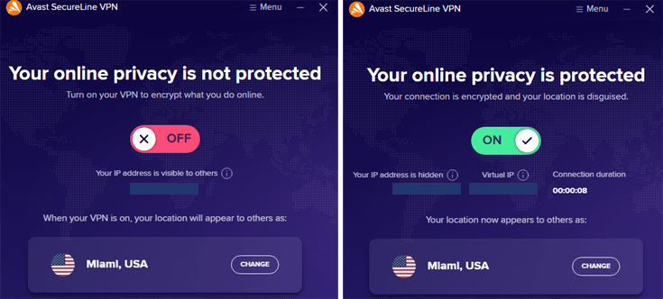 screenshots of the Avast SecureLine VPN app both disconnected and connected next to eachother