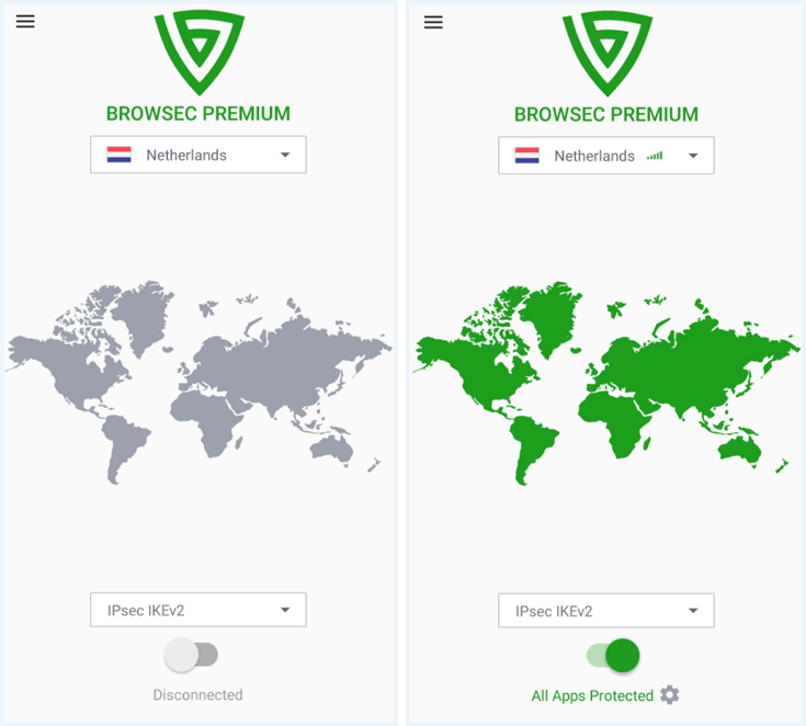 Android app of Browsec VPN turned off and on next to eachother