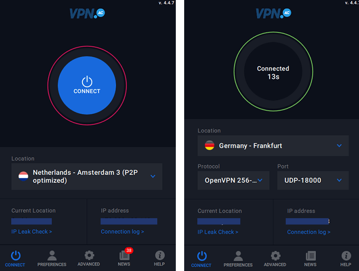 Screenshots of VPN.ac, client disconnected and client connected