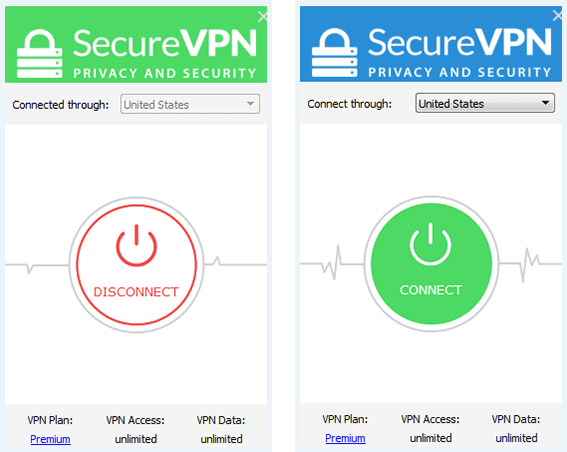 Screenshots of SecureVPN, client disconnected and client connected