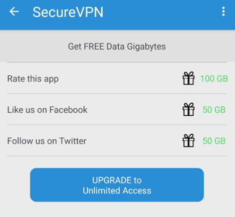 Screenshot of SecureVPN, free GB