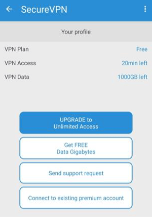 Screenshot of SecureVPN, mobile client menu