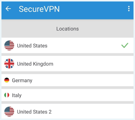 Screenshot of SecureVPN, mobile client servers