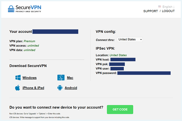 Screenshot of SecureVPN, personal dashboard