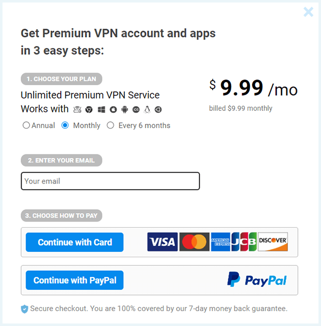 Screenshot of SecureVPN, purchase steps
