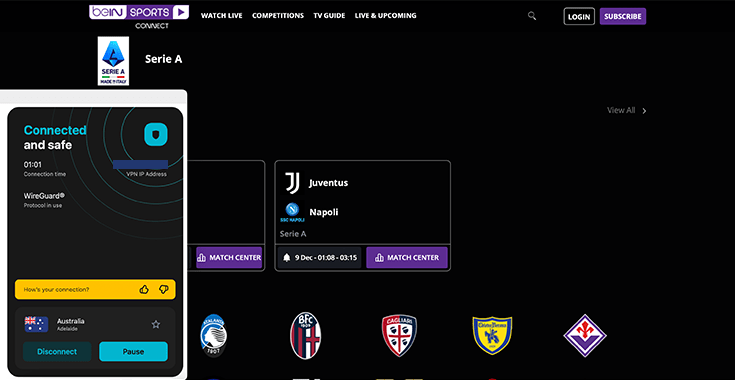 A screenshot of Surfshark's Australian servers unblocking Serie A football on beIN SPORTS CONNECT