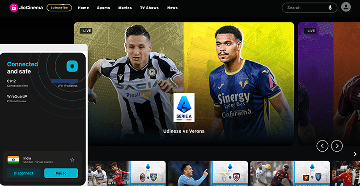 A screenshot of Serie A football unblocked on Jio Cinema with Surfshark's Indian VPN server