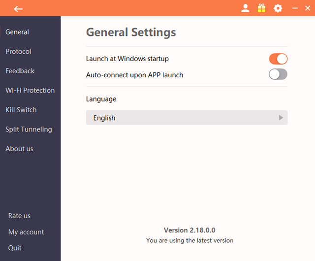 Screenshot of Turbo VPN, settings panel