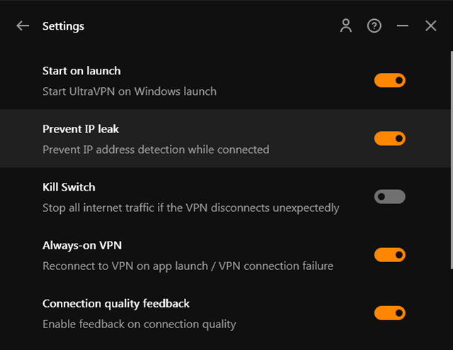 Screenshot of UltraVPN, settings