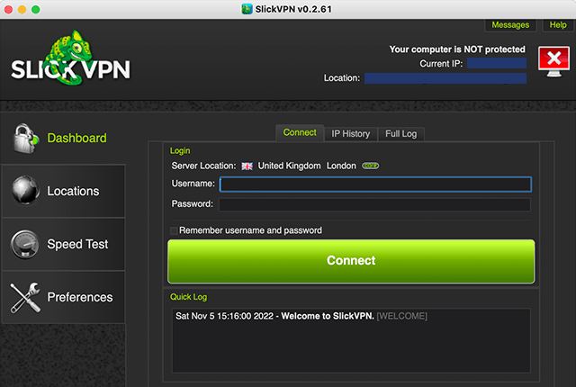 Screenshot of SlickVPN, app home screen