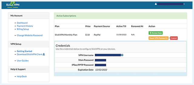 Screenshot of SlickVPN, credentials