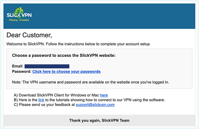 Screenshot of SlickVPN, email