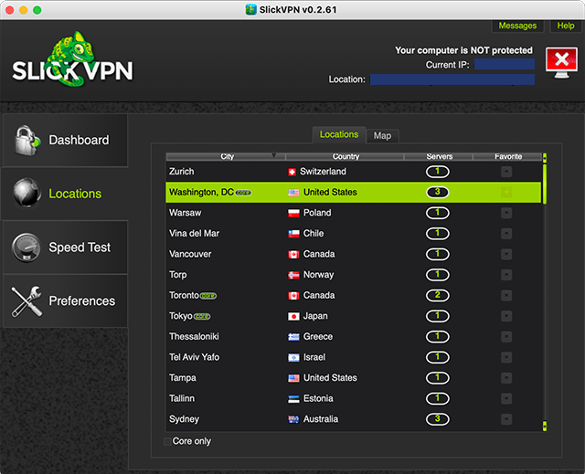 Screenshot of SlickVPN, locations