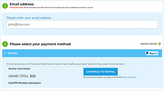 Screenshot of SlickVPN, payment page