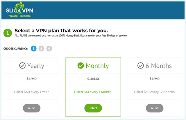 Screenshot of SlickVPN, signup page, choose your plan