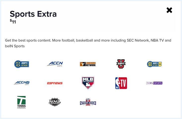 A screenshot of Sling TV's Sports Extra package, which includes the Tennis Channel.