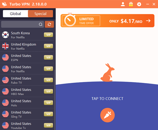 Screenshot of Turbo VPN, Special and global servers