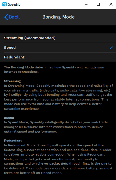Screenshot of Speedify VPN, bonding mode
