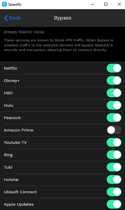 Screenshot of Speedify VPN, bypass