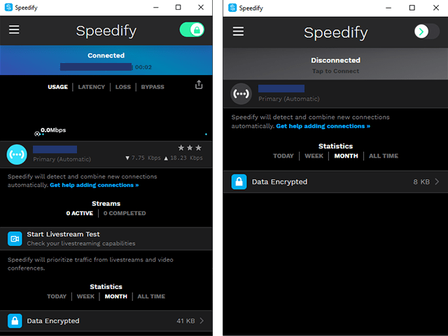 Screenshot of Speedify VPN, client connected and client disconnected