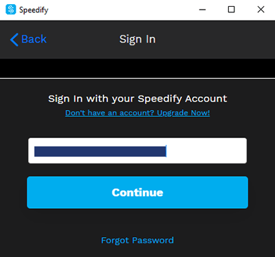 Screenshot of Speedify VPN, client sign in after installation