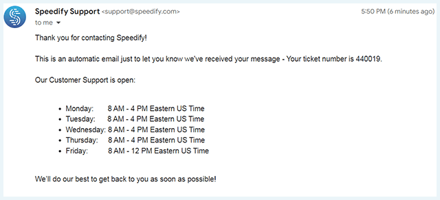 Screenshot of Speedify VPN, customer support business hours