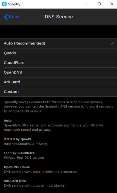 Screenshot of Speedify VPN, DNS service