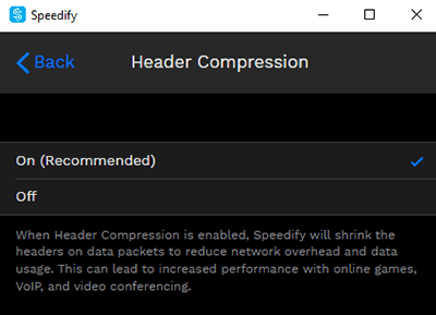 Screenshot of Speedify VPN, header compression