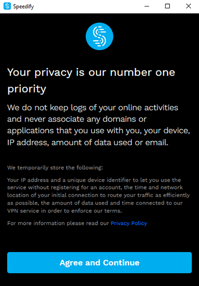 Screenshot of Speedify VPN, privacy disclaimer in app