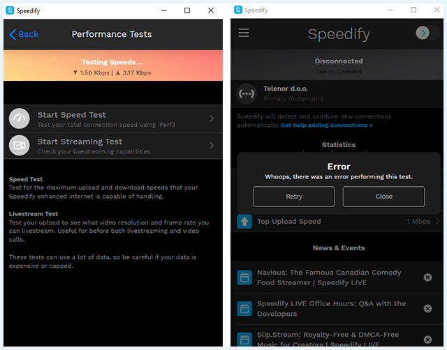 Screenshot of Speedify VPN, speed test and test error