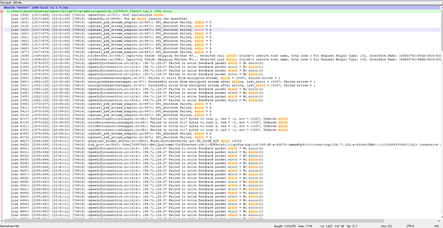 Screenshot of Speedify VPN, log file with errors