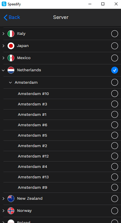 Screenshot of Speedify VPN, picking specific servers