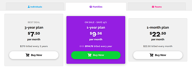 Screenshot of Speedify VPN, pricing families