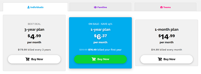 Screenshot of Speedify VPN, pricing individuals