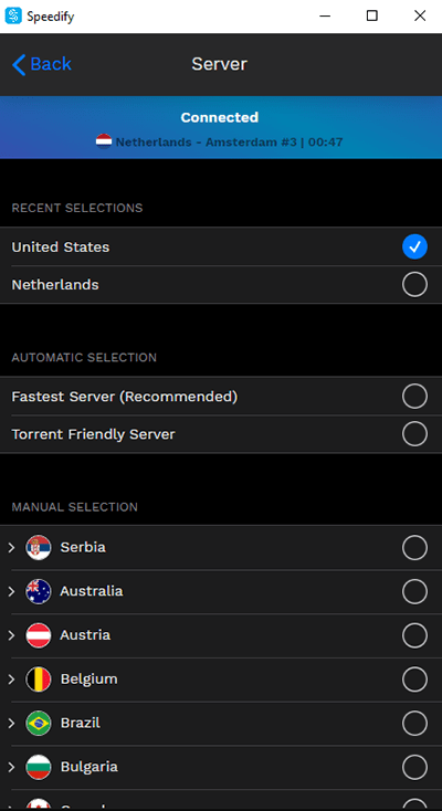 Screenshot of Speedify VPN, servers