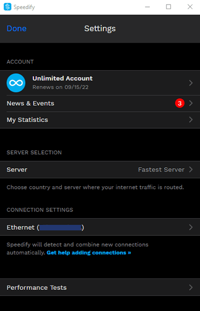 Screenshot of Speedify VPN, settings