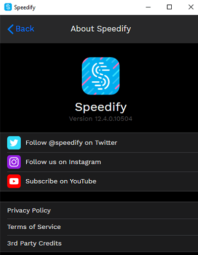 Screenshot of Speedify VPN, social network links