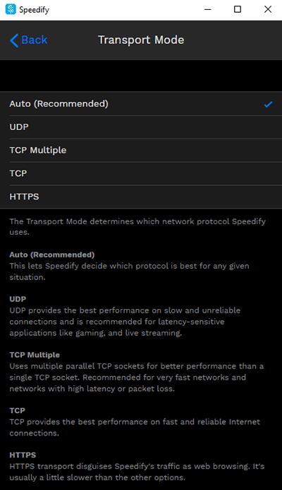 Screenshot of Speedify VPN, transport mode