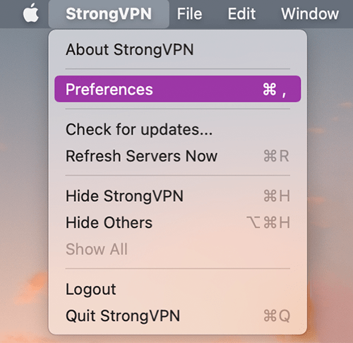 StrongVPN Dropdown menu preferences selected screenshot