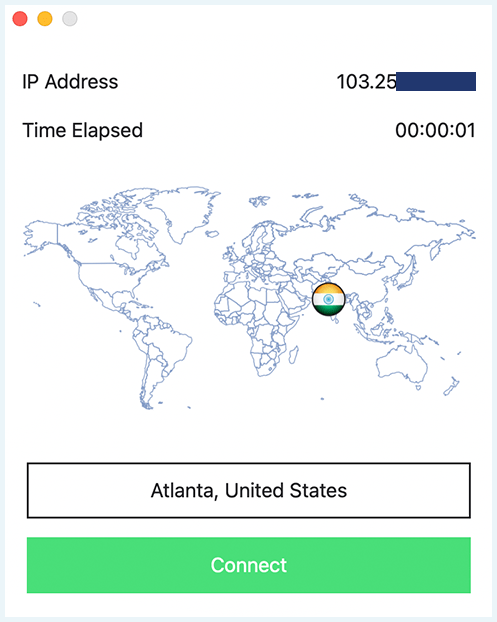 StrongVPN interface, Connect to a server window, showing world map screenshot