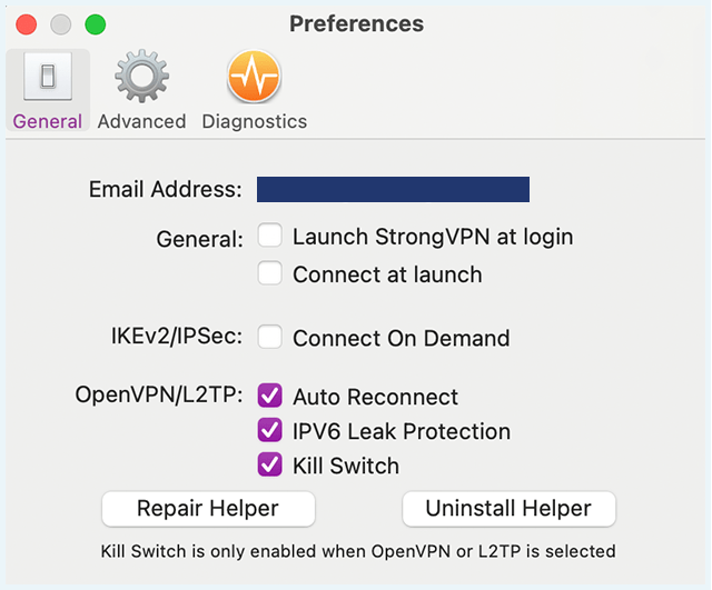 StrongVPN, Preferences, General tab screenshot