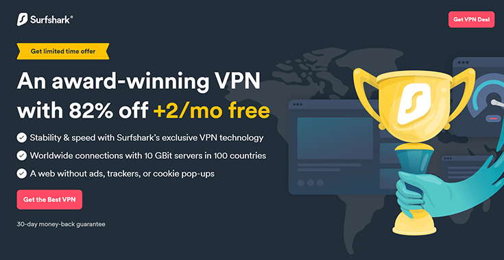 Surfshark homepage showing a VPN deal for 82% off