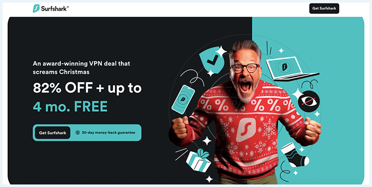 A screenshot of Surfshark's homepage with a discount deal