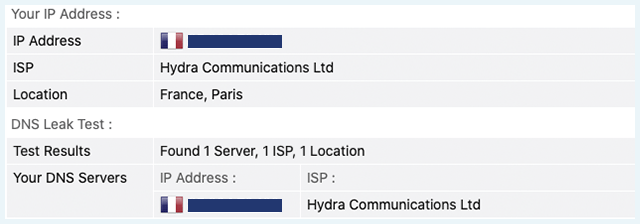 Screenshot of Surfshark, DNS leak test