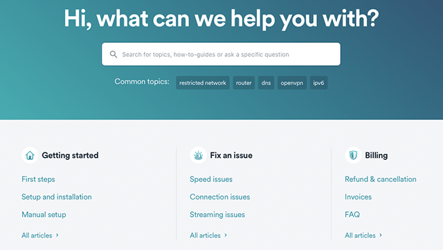 Screenshot of Surfshark, help center