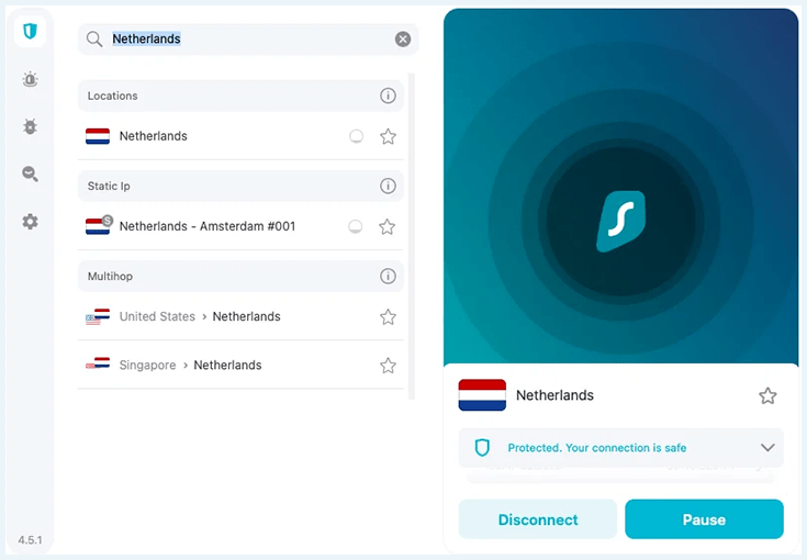 Image shows Surfshark VPN connected to a NL VPN server