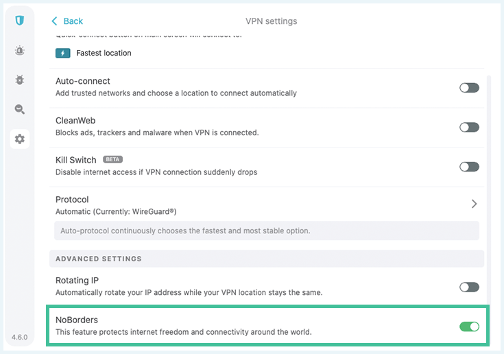 Screenshot of Surfshark settings, NoBorders option highlighted