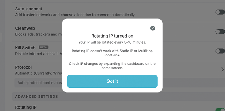 Screenshot of Surfshark, Rotating IP turned on notification